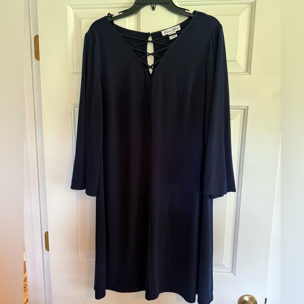 Elegant Navy Lace-Up-Look Knit Dress